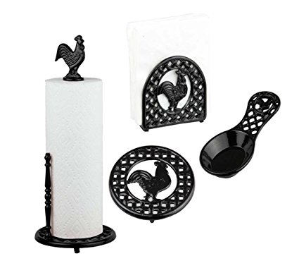 Deluxe Cast Iron Rooster Collection 4pc Kitchen Table Décor Set, Napkin Holder, Paper Towel Stand, Spoon Rest, Trivet - Black