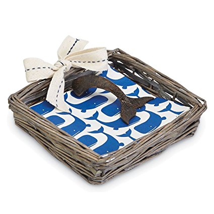 Whale Tail Napkin Weight in Willow Basket and Whale Cocktail Napkins Set