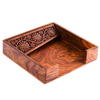 Rusticity Wood Paper Napkin Holder for Napkin and Tissues - Ornate Design | Handmade | (7.5x7.5 in)