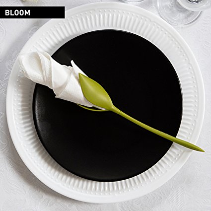 BLOOM – NAPKIN HOLDERS by PELEG DESIGN: Set of 4 Green Stemmed Plastic Twist Flower Buds Serviette Holders Plus White Napkins for Making Original Table Arrangements