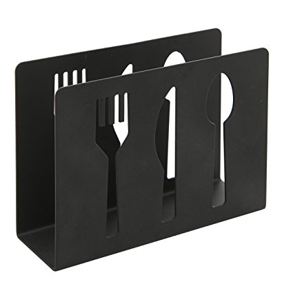 Modern Black Metal Cut-Out Cutlery Design Refillable Tabletop Paper Napkin Holder Rack - MyGift Home