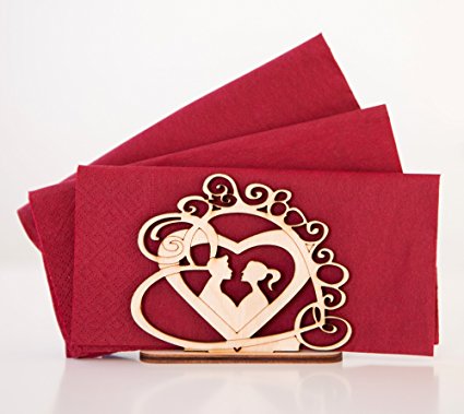 Heart Gift Napkin Holder Couple in Love Wooden Decor Kitchen utensils V-day Present for Her for Him Wedding Birthday Mother Red Ribbon Pack