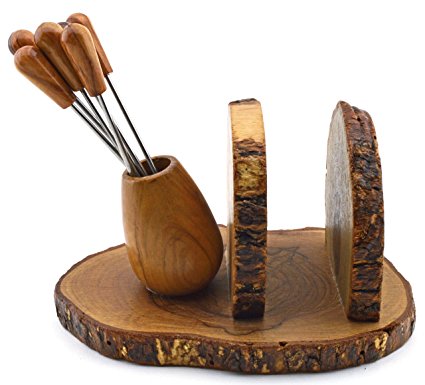 Olive wood NAPKIN AND FORK HOLDER with 6 cocktail sticks, handmade and perfect for aperitif. 5,31
