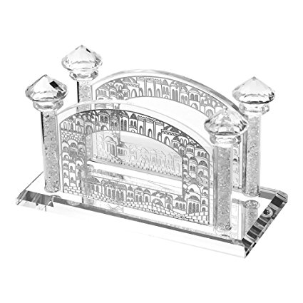 Crystal Napkin Holder with Silver Jerusalem Design and Diamond Topped Crushed Glass Filled Poles